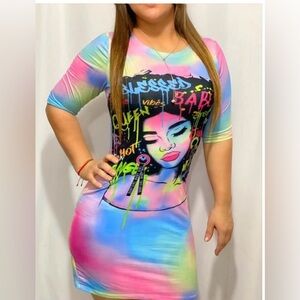 Highlight Tye Dye Blessed Babe Graffiti Bodycon Dress Short Sleeve Sz M GUC